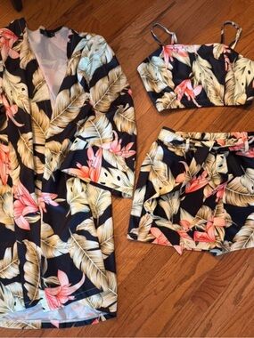 NHICDNS Tropical Floral Black Beach Cover-Up Set